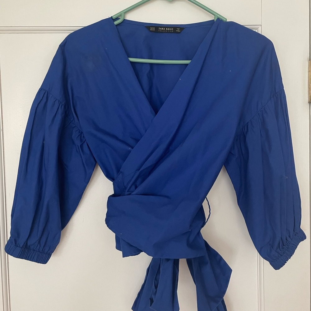 Zara Cobalt Wrap Blouse with Puff Sleeves